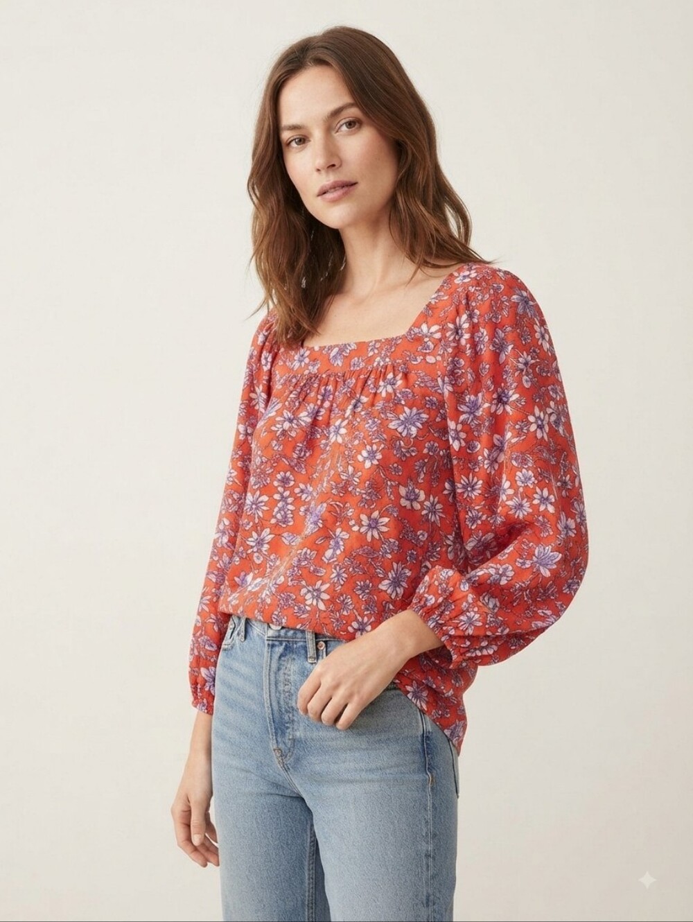 GAP Blouson Red Floral Square Neck Peasant Blouse Size Small